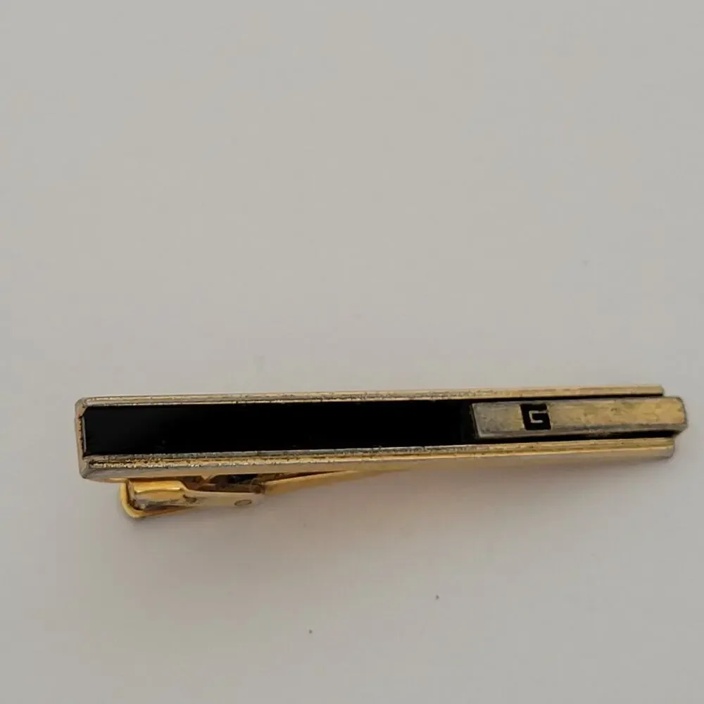 Givenchy Gold Tone Black Onyx Tie Bar Clip‎ 2 Inch G Logo Vintage